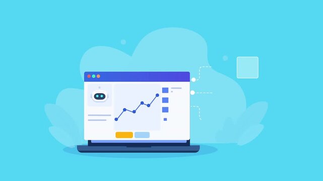 Flat vector animation showing a laptop analytics dashboard with a rising line chart, bar chart, pie chart, and checklist for business performance tracking.