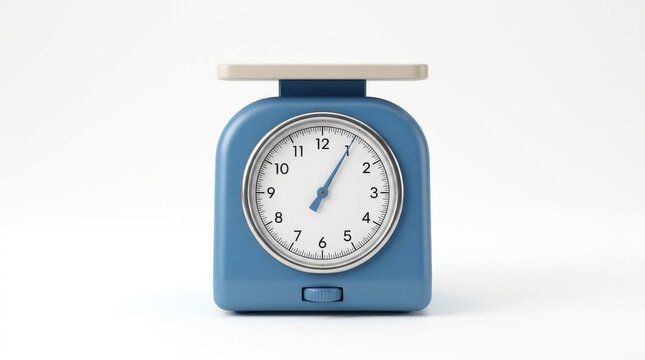 Blue kitchen scale with a round analog dial and a beige platform, isolated on a clean white background, for food preparation measurement