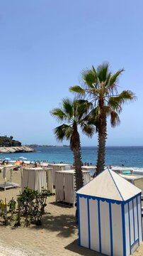 Coastal view of El Duque beach in Costa Adeje, Tenerife, Canary Islands, Spain. Travel or vacation concept,4K.	