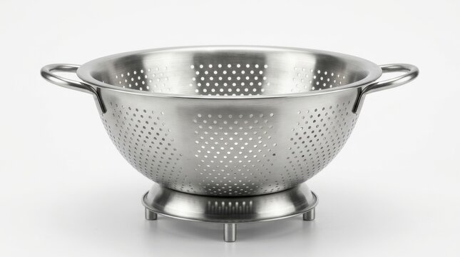 A stainless steel kitchen colander with two side handles and a small base, used for draining pasta and washing vegetables on white background