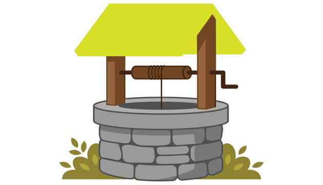 Traditional stone water well vector cartoon illustration. Wishing well, wooden roof, crank handle, countryside garden landscape element.