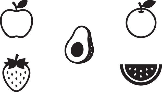 Minimalist fruit icon set, 5 black and white vector food symbols including apple avocado orange strawberry and watermelon, clean line art for menus