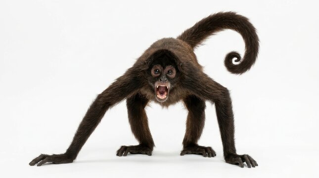 A spider monkey with dark brown fur standing in a defensive posture with its mouth open, showing teeth, against a plain white background