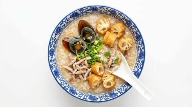 Traditional chinese congee rice porridge in a blue and white patterned bowl, topped with century egg, pork strips, and fried dough sticks
