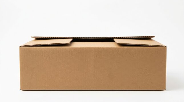 A rectangular brown cardboard shipping box with open flaps, viewed from the side, isolated on a clean white studio background surface