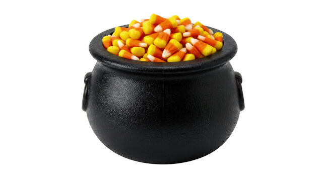 Black witch cauldron filled with colorful sweet candy corn treats