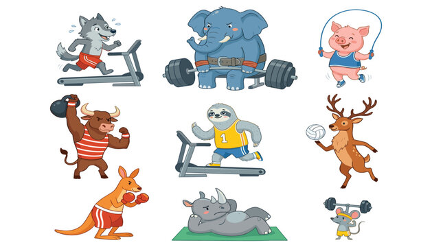 Cute cartoon fitness animals vector character set. Elephant weightlifting, wolf running treadmill, bull kettlebell training, boxing kangaroo, mouse lifting barbell.