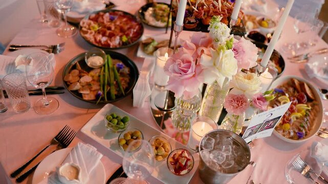 Catering service on banquet table with canape snacks in restaurant or hotel. Decorated food set on birthday, wedding celebration or business conference event