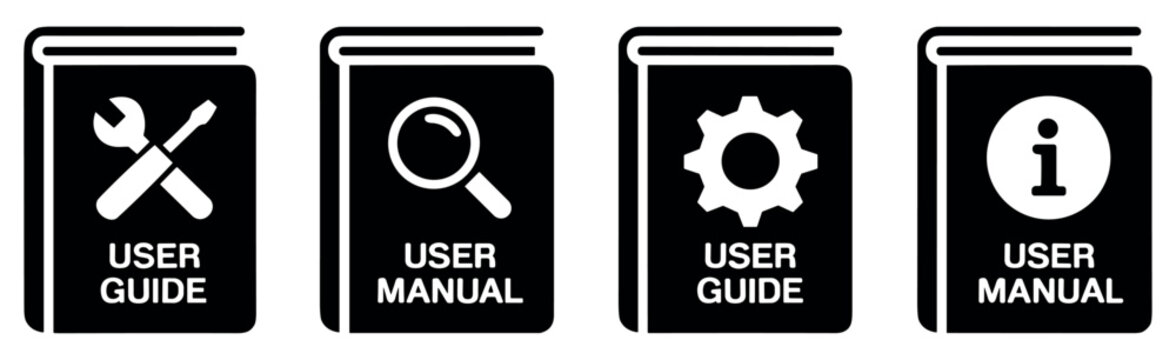 Set of Four Manual Icons: A collection of four black and white icons representing user guides and manuals, each depicting a different tool or symbol related to information or operation.