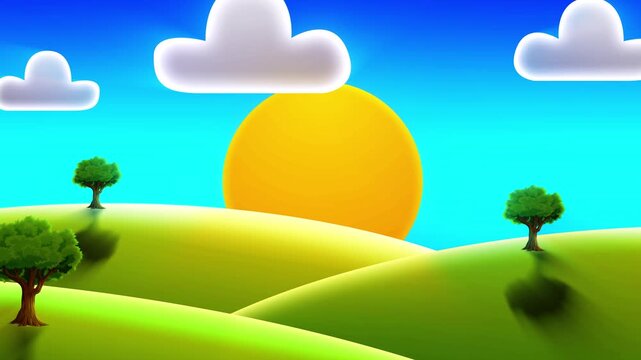 Parallax Camera Pullback Over Cartoon Landscape with Green Hills and Rising Sun