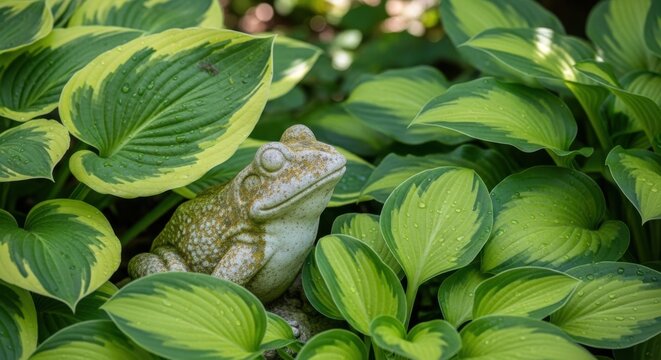 A decorative ceramic frog statue sitting among green hosta leaves