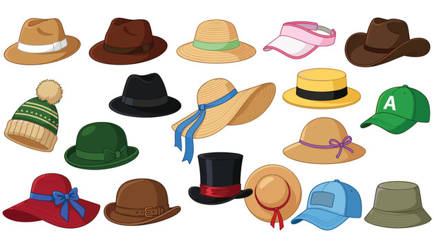 Fashion hats and caps vector illustration collection. Cowboy hat, baseball cap, beanie, top hat, fedora, straw sunhat, bowler, panama hat and stylish headwear elements.