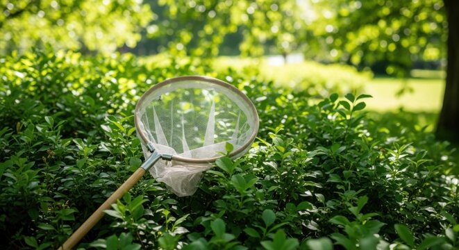 An empty butterfly net resting on lush green garden bushes during daytime