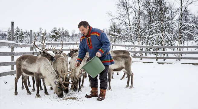 Reindeer herder feeding animals in snowy landscape. Traditional livestock husbandry