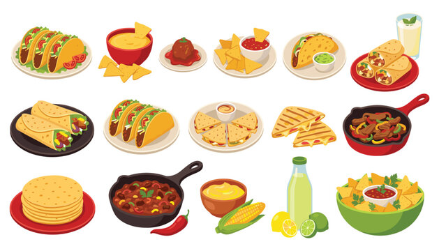 Mexican food cuisine vector elements collection. Tacos, burritos, nachos, quesadilla, chili con carne, tortillas, dips and fresh ingredients.