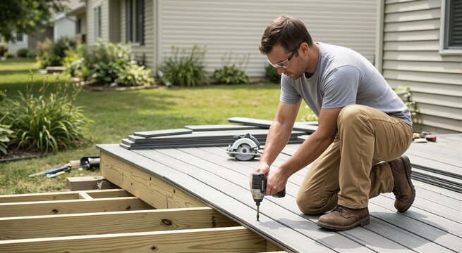 Worker installing outdoor deck. Construction work and building maintenance