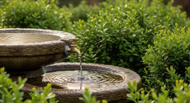 Two tier stone water fountain with brass tap surrounded by greenery