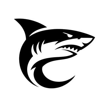 Aggressive shark head silhouette vector logo icon with open sharp teeth jaws. Dynamic ocean predator fish graphic for fishing team, water sports club, marine apparel, esports mascot, or beach brand