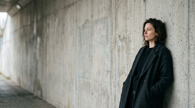 Thoughtful young woman in dark winter coat leaning against raw concrete wall in urban underpass