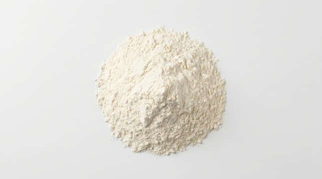 A small pile of fine white flour centered on a plain white background, showing a soft powdery texture and a natural conical mound shape