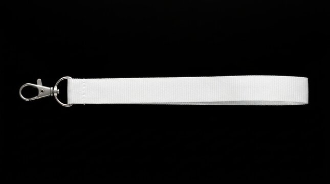 A single white fabric lanyard with a silver metal lobster clasp, isolated on a solid black background, for identification or, badge attachment use