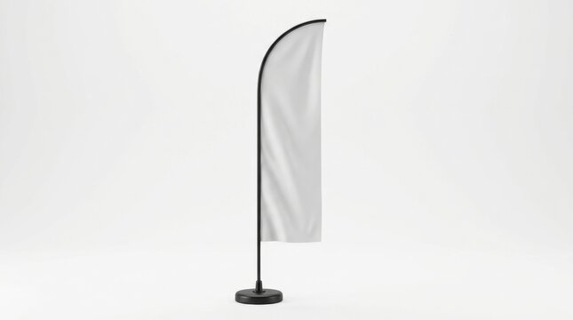 A single blank white feather flag banner with a black pole and base, isolated on a white background, used for outdoor advertising