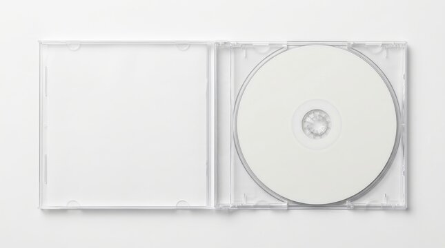 An open transparent plastic cd or dvd jewel case with a blank white disc inside, isolated on a white background, for media product mockups