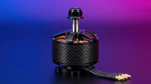 Performance brushless motor for racing drones with carbon fiber casing and copper windings against a blue and purple gradient background