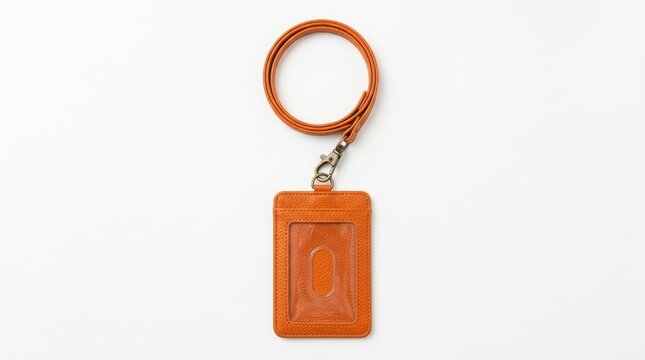 Orange leather id card holder with a matching neck strap and metal clip isolated on a white background, for office and, event identification