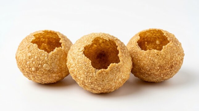 Three crispy golden brown fried puri breads arranged in a row isolated on a white background, for traditional indian, food menu