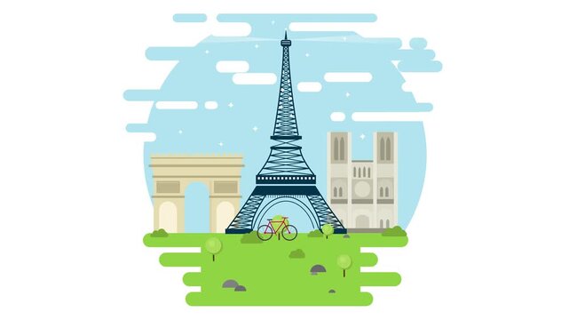 Paris Landmark Illustration with Eiffel Tower, Arc de Triomphe and Notre Dame