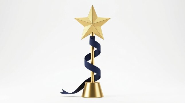 A golden trophy featuring a five-pointed star on a cylindrical base with a dark blue ribbon wrapped spirally around the vertical support pole