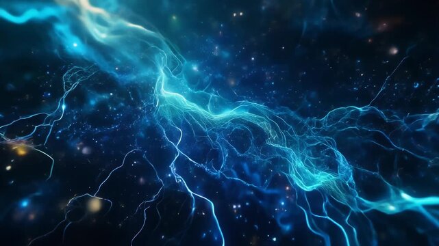 High energy plasma electrical discharge visual with bright blue lightning bolts and floating glowing particles.