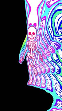 Seamless vertical video psychedelic walking skeleton painted style cartoon. Hypnotic Halloween background with wave with marker stroke effect 