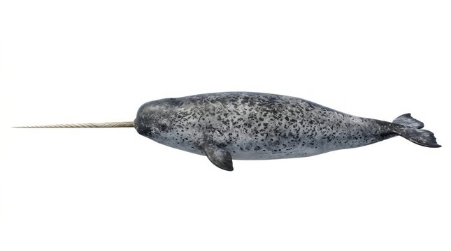 A full body side view of a narwhal swimming isolated on a white background, showing its long, spiral tusk and, spotted gray skin texture
