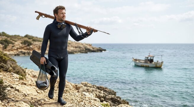 Man with fishing speargun on shore. Underwater fishing equipment