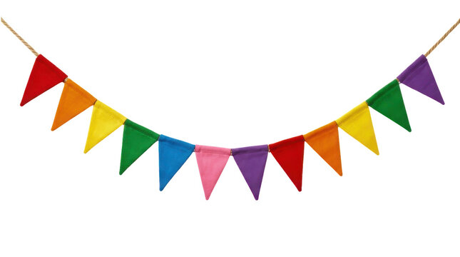 Colorful rainbow bunting flags hanging on a string for party decor