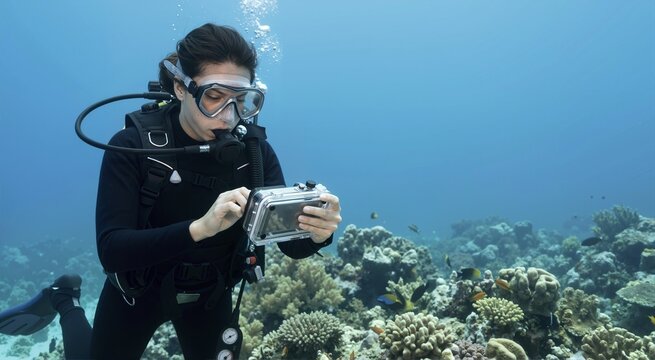 Diver using underwater phone. Underwater equipment and diving activities