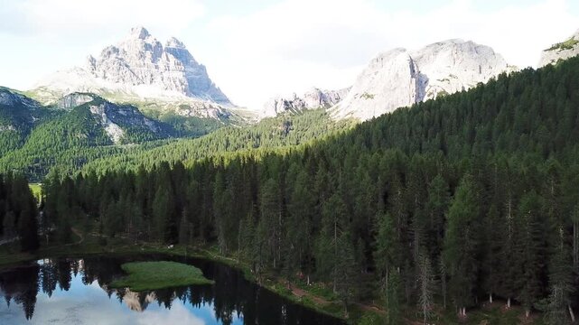 Wooded shores and mountain reflections in the Dolomites Italy