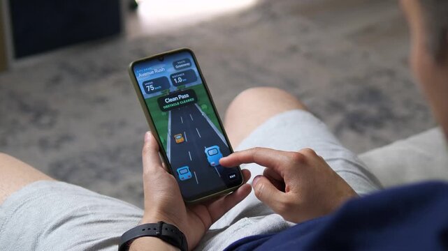 Person plays a fast mobile driving game, steering through traffic and clearing road obstacles while speed rises, capturing the growing culture of casual smartphone gaming.