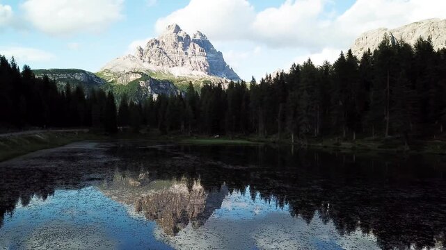Conifer forest reflected in calm alpine water in the Dolomites Italy