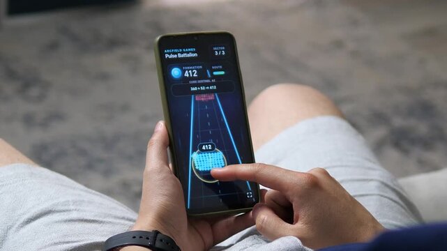 Person controls a futuristic mobile strategy game on a smartphone, guiding a digital formation through tactical sectors and dynamic obstacles in real time.