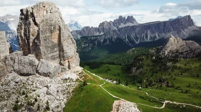 Dolomites rock pinnacles above an alpine valley in the Dolomites Italy