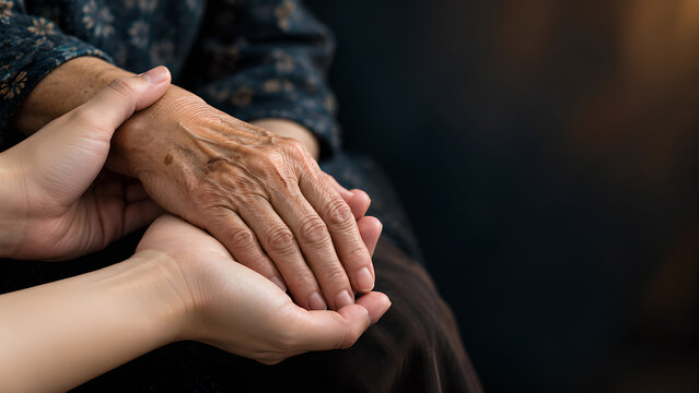 Geriatric care with elderly hands held by supportive caregivers in realistic close up photographs with a dark background, warm light and copy space for healthcare posters and patient education