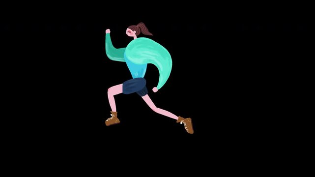 Girl running loop animation with transparent background