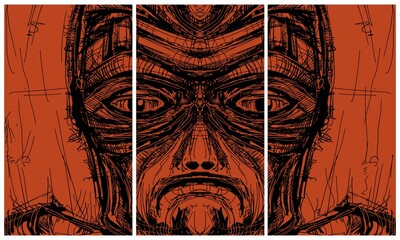 Abstract face. Triptych. Abstract image for printing. Picture for modern interiors. The picture is painted by hand on a tablet.
