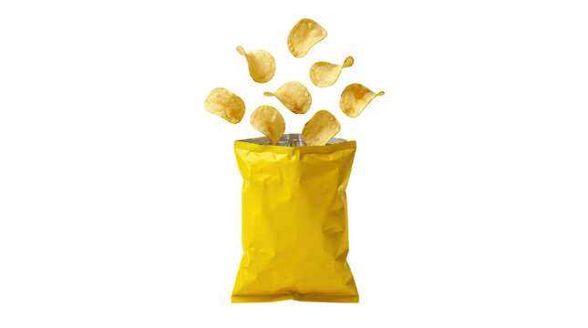 Crispy potato chips flying out of a bright yellow food snack bag
