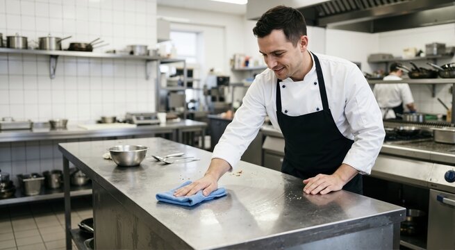 Chef wiping kitchen counter clean. Cleaning needs and household surface care