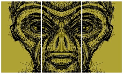 Abstract face. Triptych. Abstract image for printing. Picture for modern interiors. The picture is painted by hand on a tablet. © neurostructure