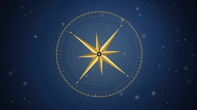 Gold Compass Rose Slowly Rotating on Navy Blue Seamless Loop Background